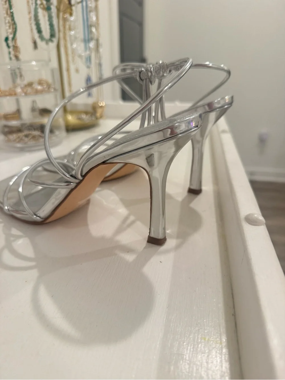 Marc Fisher Metallic Silver Strappy Square-Toe Heels